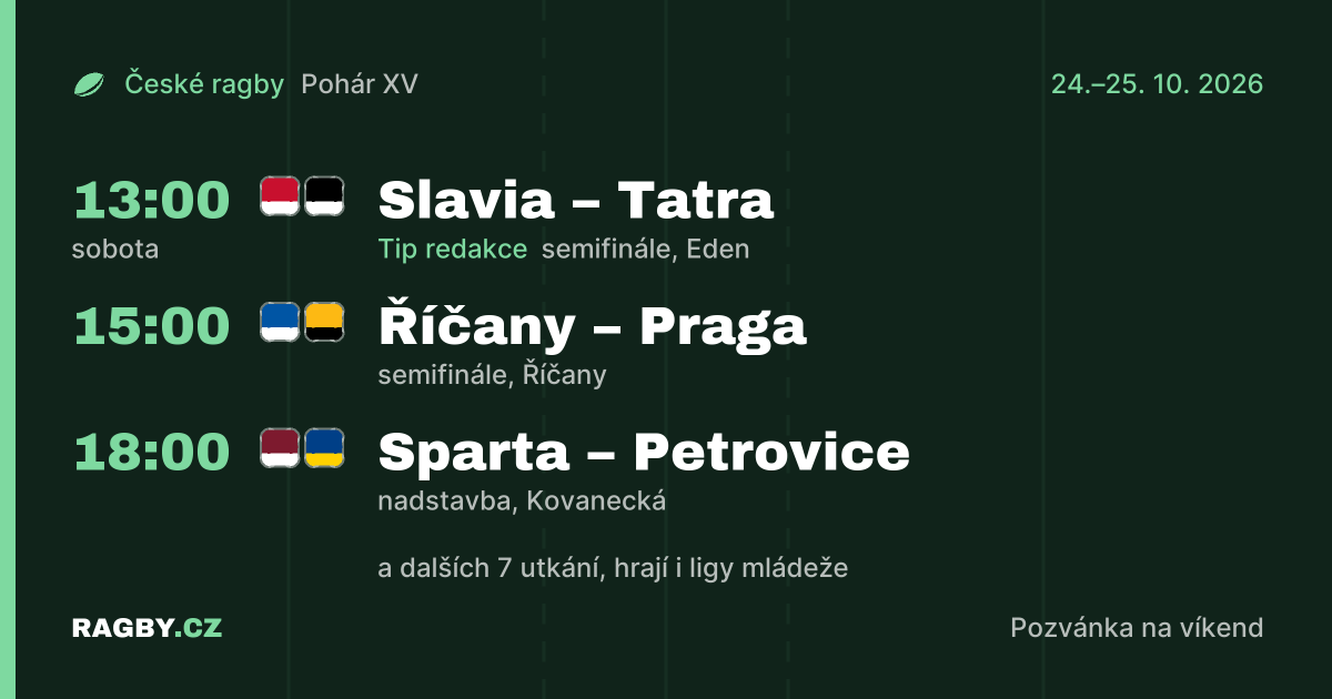 Víkend 24.–25. 10. 2026: semifinále Poháru XV na Edenu a v Říčanech